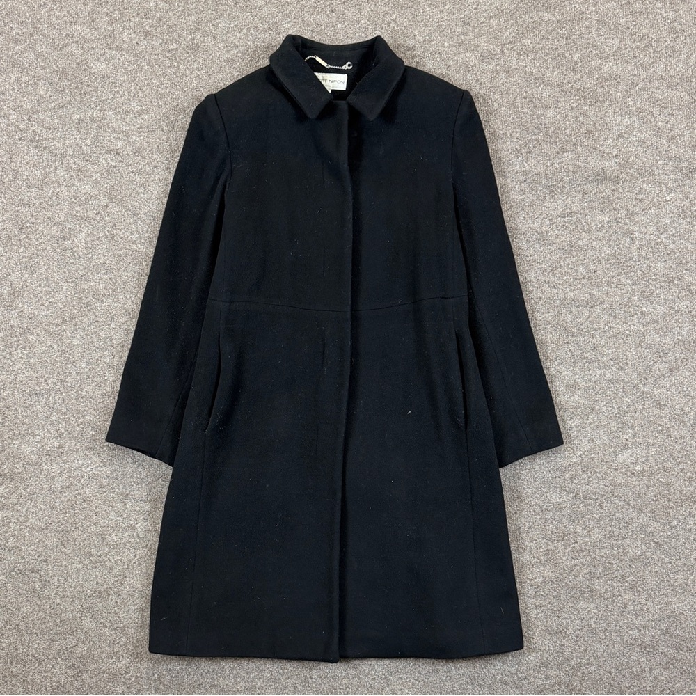 Vintage Black Wool Cashmere Blend Mid Length Hidden Button Overcoat Womens 6 Usa